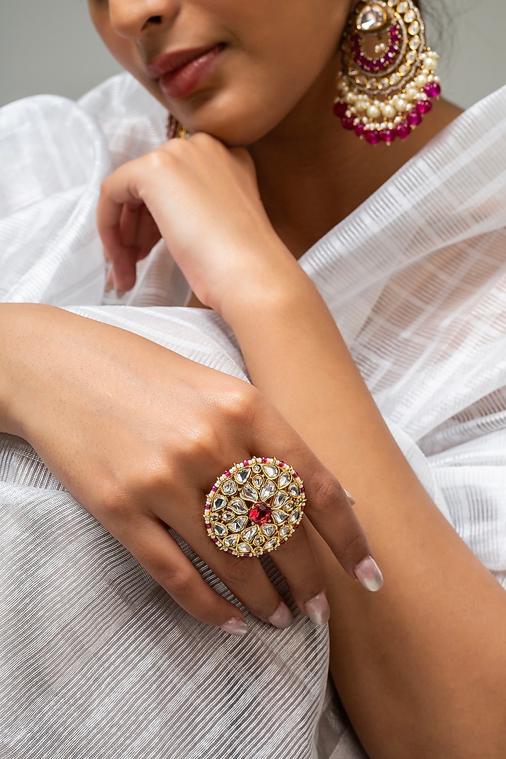 Gold Finish Kundan Polki & Red Stone Ring by Zevar King at Pernia's Pop Up Shop
