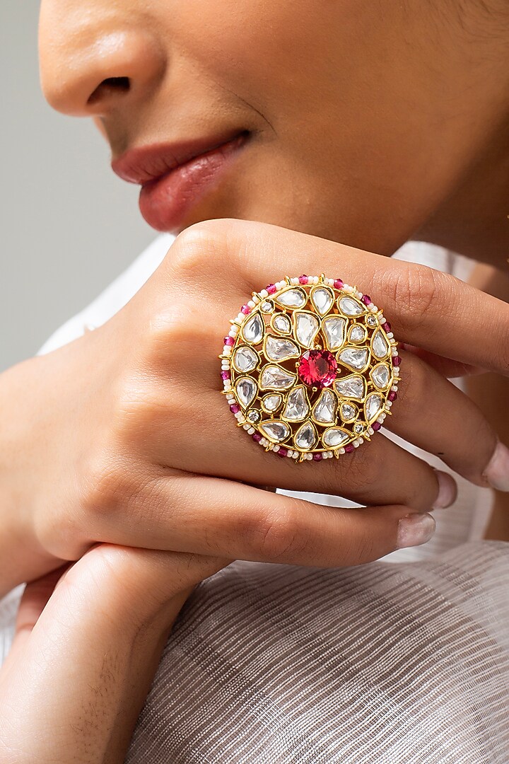 Gold Finish Kundan Polki & Red Stone Ring by Zevar King at Pernia's Pop Up Shop