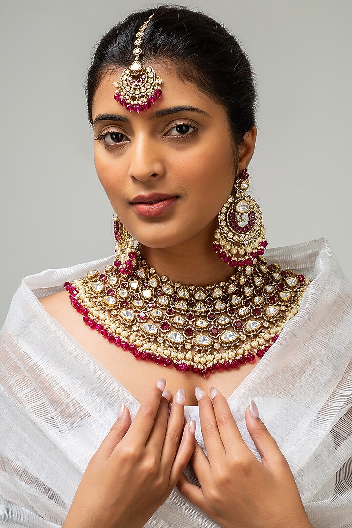 Gold Finish Kundan Polki & Red Stone Necklace Set by Zevar King at Pernia's Pop Up Shop