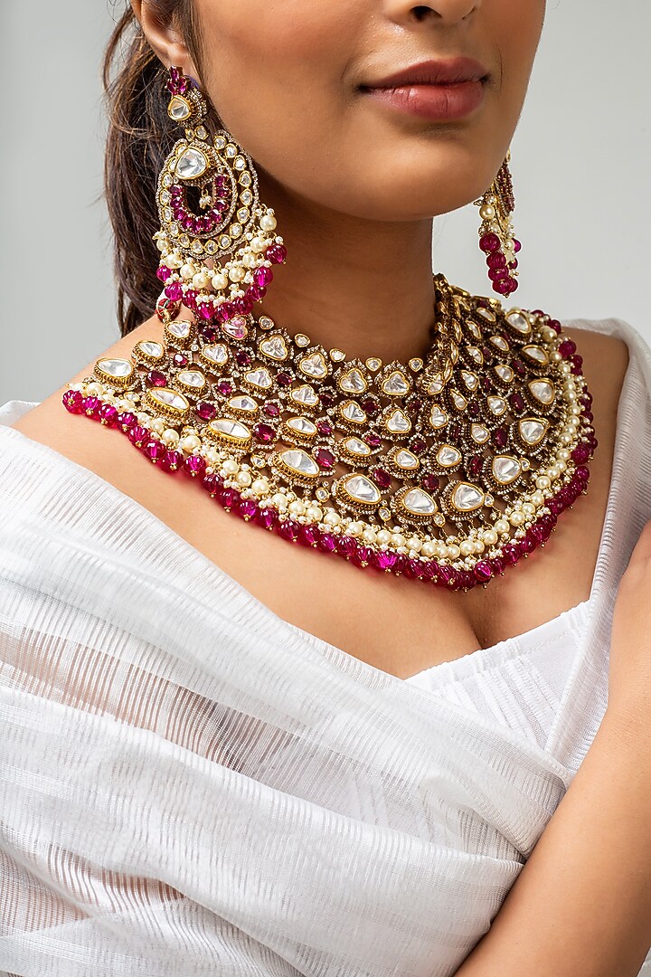 Gold Finish Kundan Polki & Red Stone Necklace Set by Zevar King at Pernia's Pop Up Shop