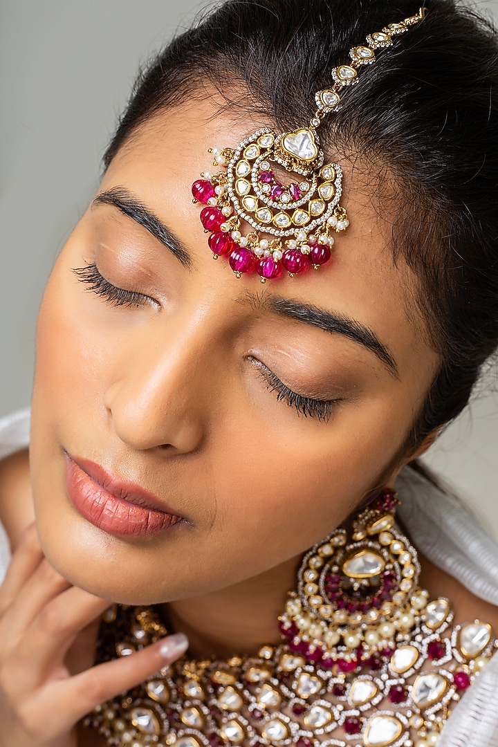 Gold Finish Kundan Polki & Red Stone Necklace Set by Zevar King at Pernia's Pop Up Shop