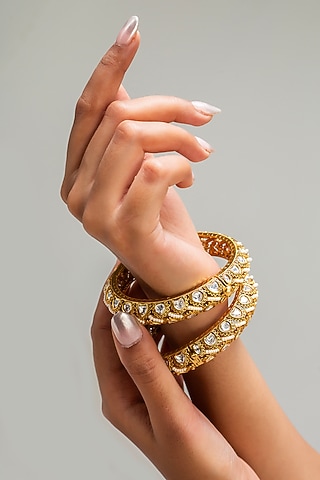 Gold Finish Kundan Polki & White Stone Kadas (Set Of 2) by Zevar King
