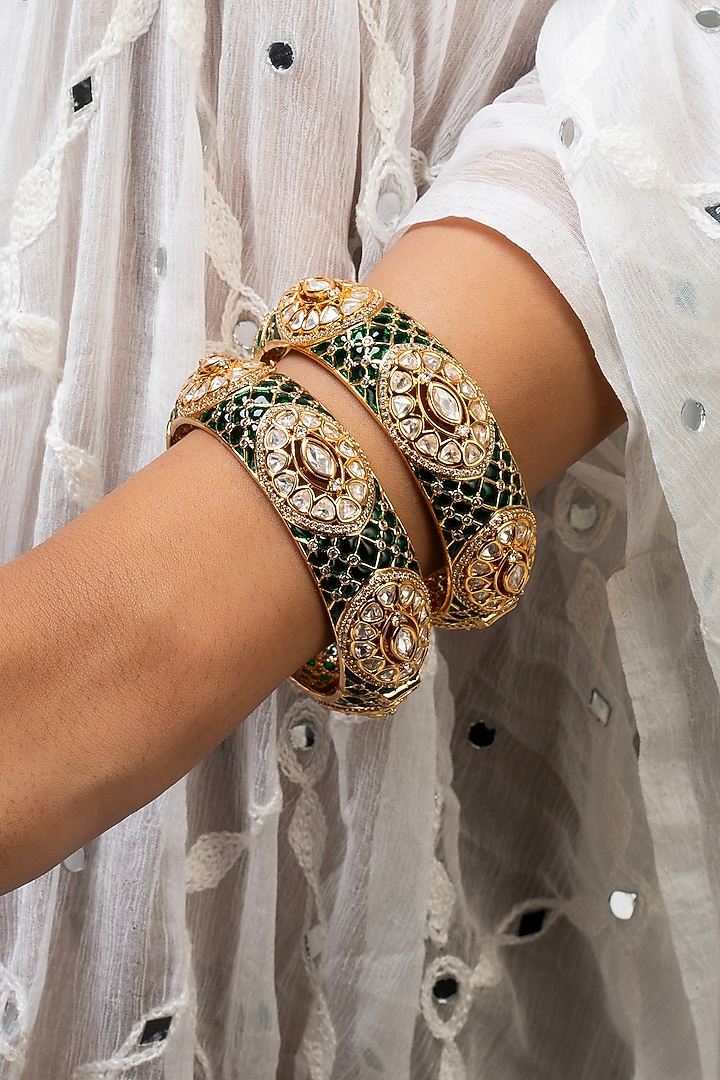 Gold Finish Kundan Polki & Green Stone Kadas (Set Of 2) by Zevar King at Pernia's Pop Up Shop