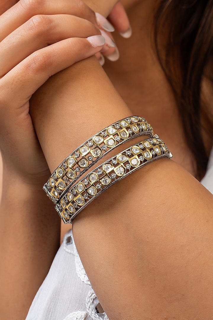 Gold Finish Kundan Polki & White Stone Kadas (Set Of 2) by Zevar King at Pernia's Pop Up Shop