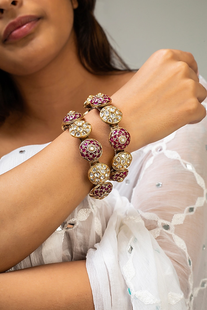 Gold Finish Red Kundan Polki Kadas (Set Of 2) by Zevar King at Pernia's Pop Up Shop