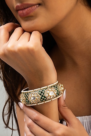Gold Finish Green Kundan Polki Kada by Zevar King