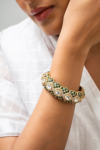Gold Finish Green Kundan Polki Kada by Zevar King