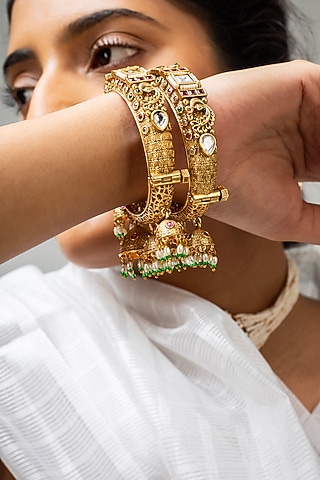 Gold Finish Kundan Polki & Multi-Colored Stone Kadas (Set Of 2) by Zevar King