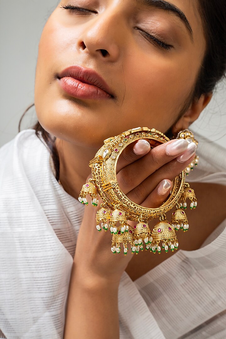 Gold Finish Kundan Polki & Multi-Colored Stone Kadas (Set Of 2) by Zevar King at Pernia's Pop Up Shop