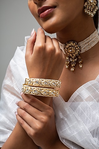 Gold Finish Kundan Polki & White Stone Kadas (Set Of 2) by Zevar King