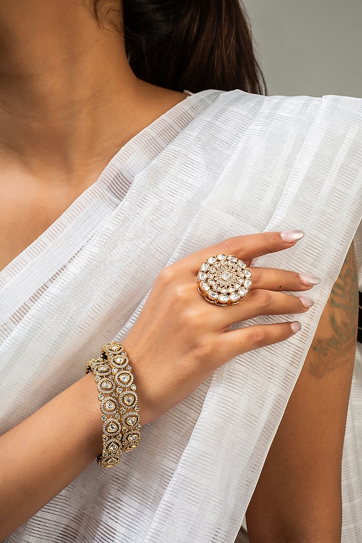 Gold Finish Kundan Polki & White Stone Ring by Zevar King at Pernia's Pop Up Shop