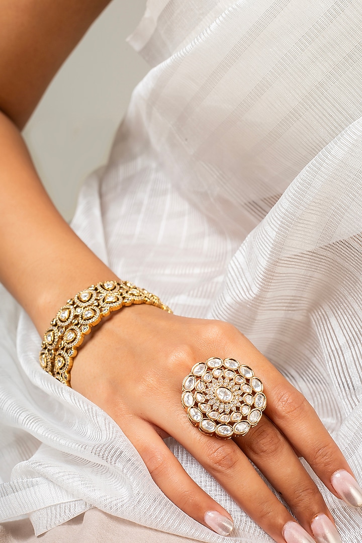 Gold Finish Kundan Polki & White Stone Ring by Zevar King at Pernia's Pop Up Shop