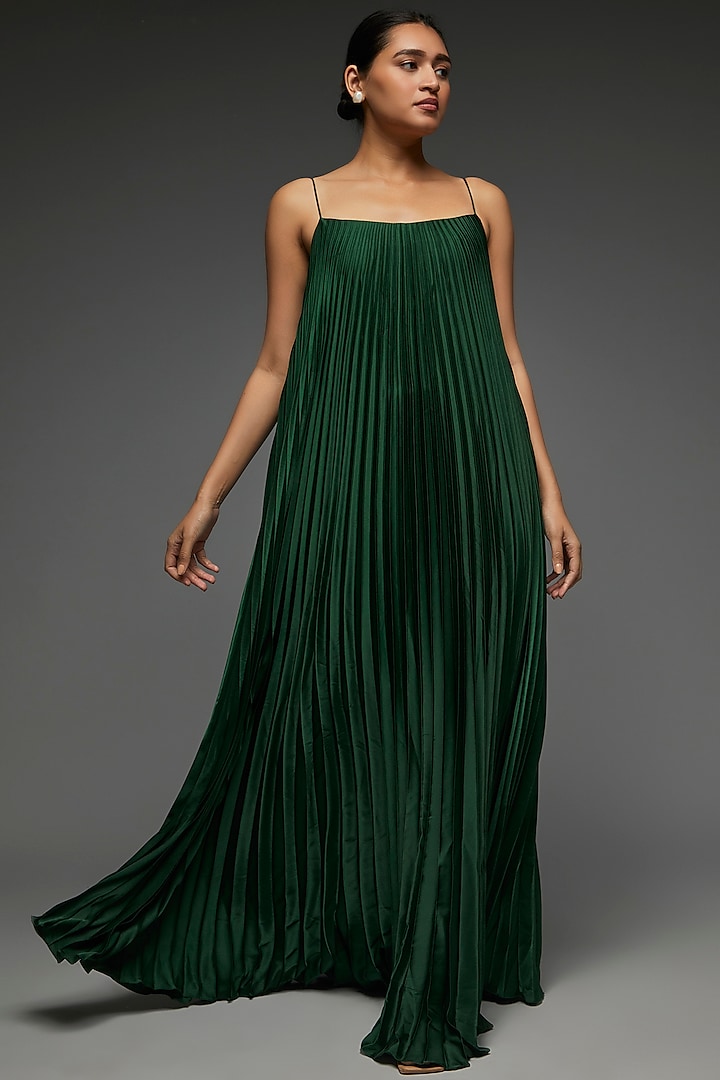 Emerald Green Satin Gown by Zwaan