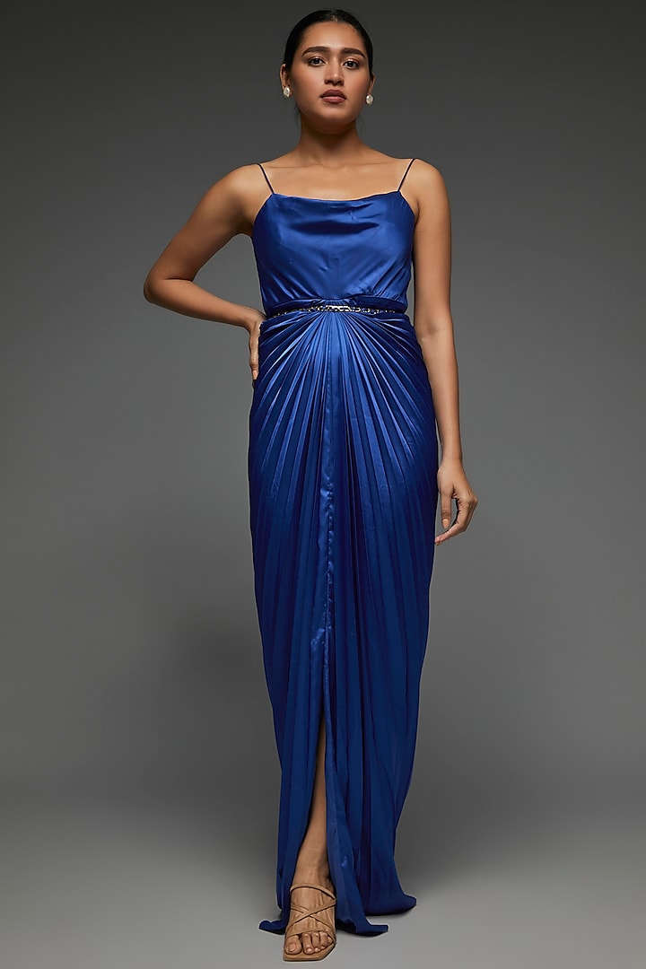Cobalt Blue Satin Draped Gown by Zwaan