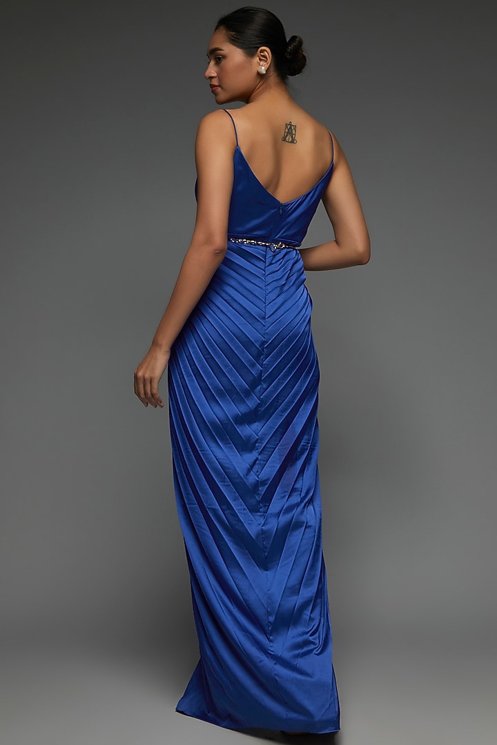 Cobalt Blue Satin Draped Party Wear Gown by Zwaan at Pernia's Pop Up Shop