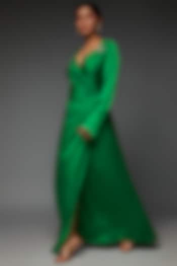 Green Satin Embellished Gathered Dress by Zwaan