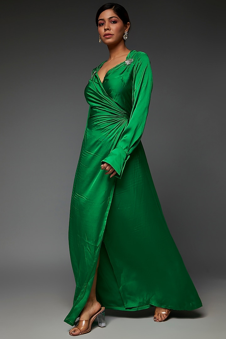 Green Satin Embellished Gathered Dress by Zwaan