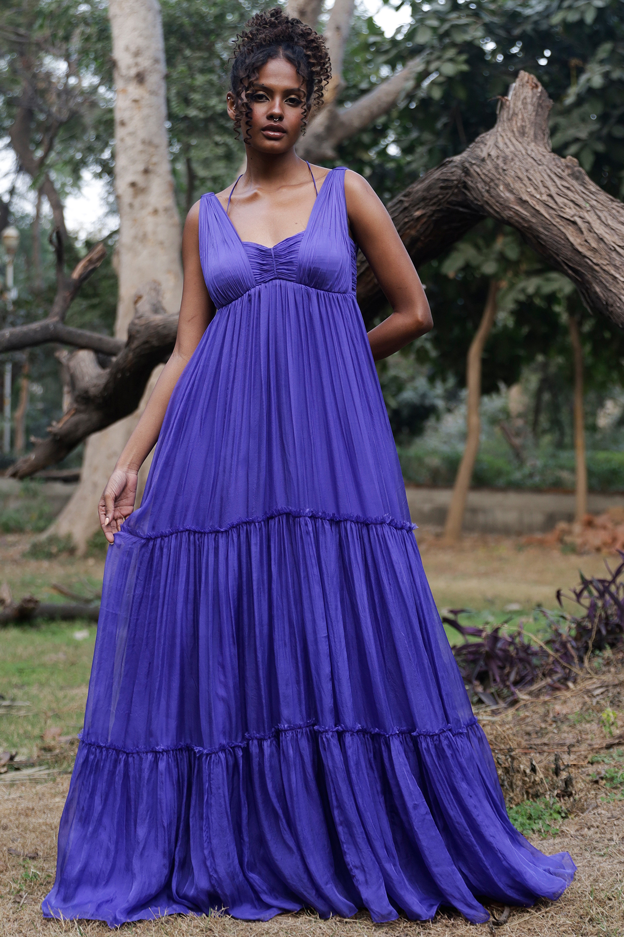 Purple Flat Chiffon Tiered Gown by Zwaan