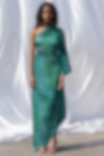 Green Satin Asymmetric & Pleated Dress by Zwaan