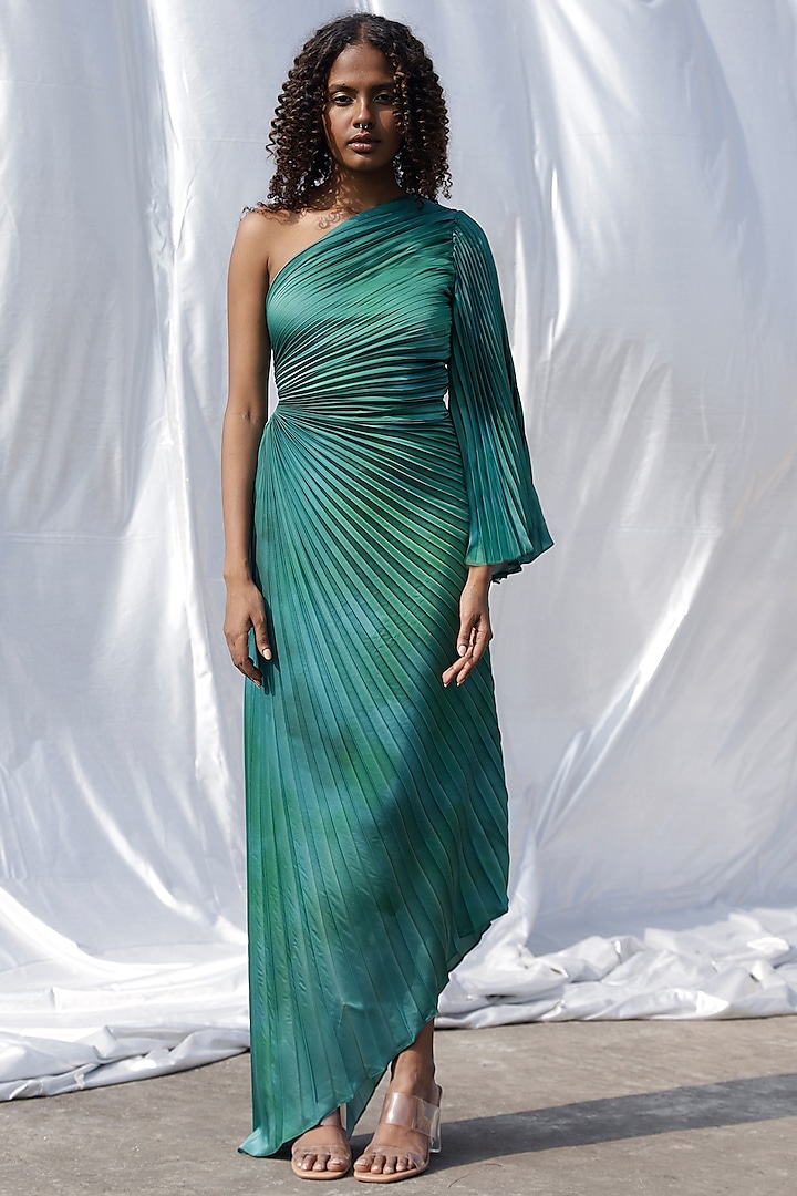Green Satin Asymmetric & Pleated Dress Design by Zwaan at Pernia's