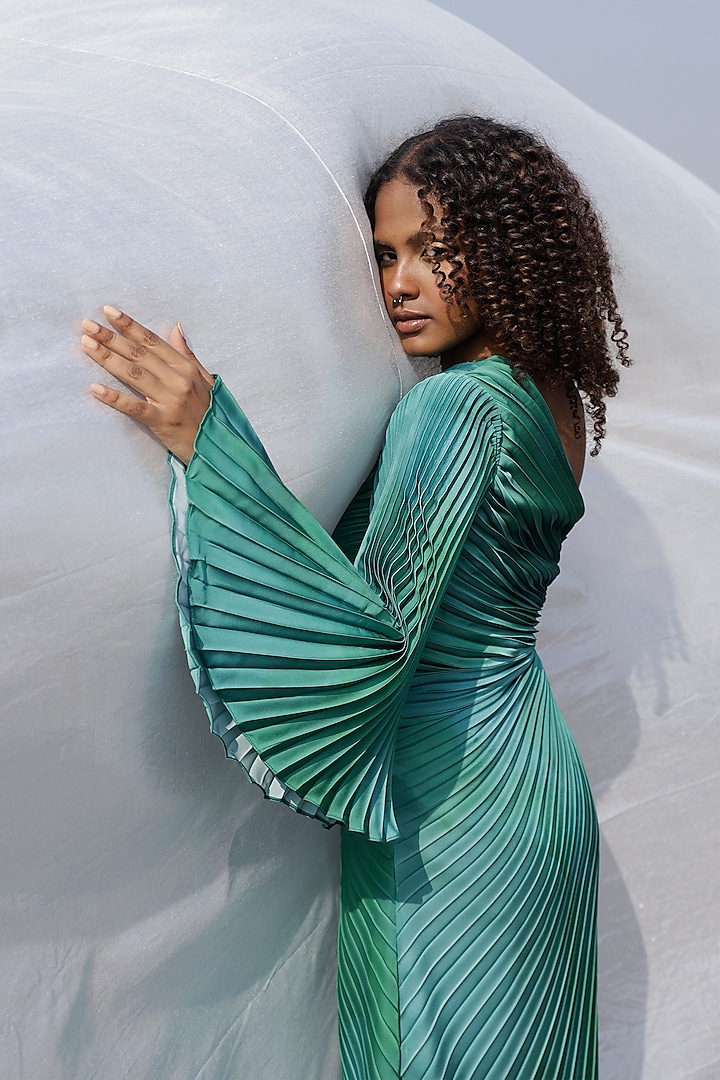 Green Satin Asymmetric & Pleated Dress Design by Zwaan at Pernia's Pop Up  Shop 2024