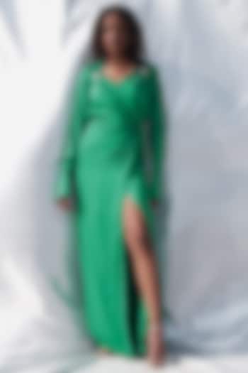 Green Satin Twill Embellished Wrapped Dress by Zwaan