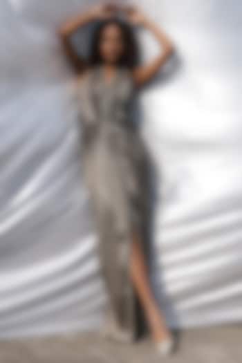 Metallic Grey Organza Embellished Pleated Gown by Zwaan