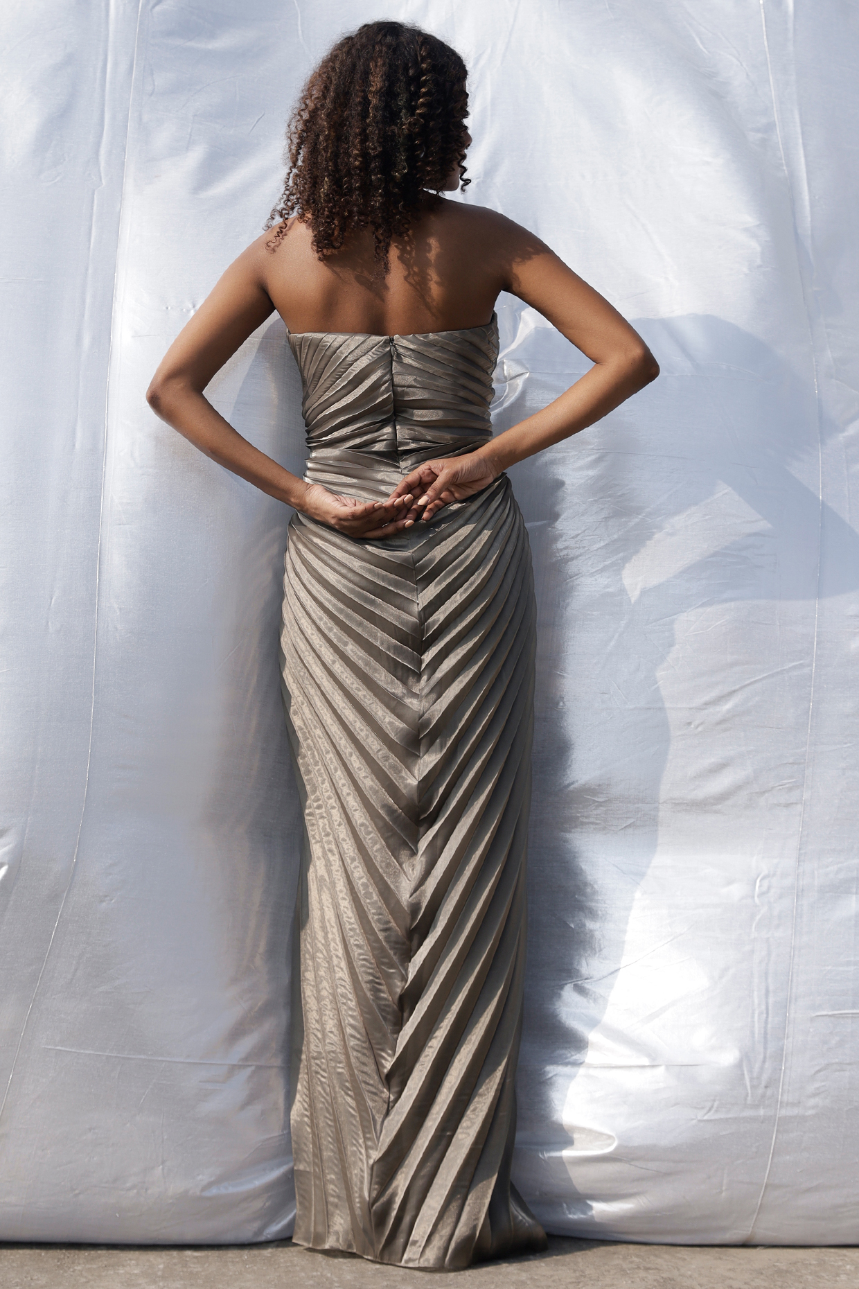 Metallic Grey Organza Embellished Pleated Gown by Zwaan at
