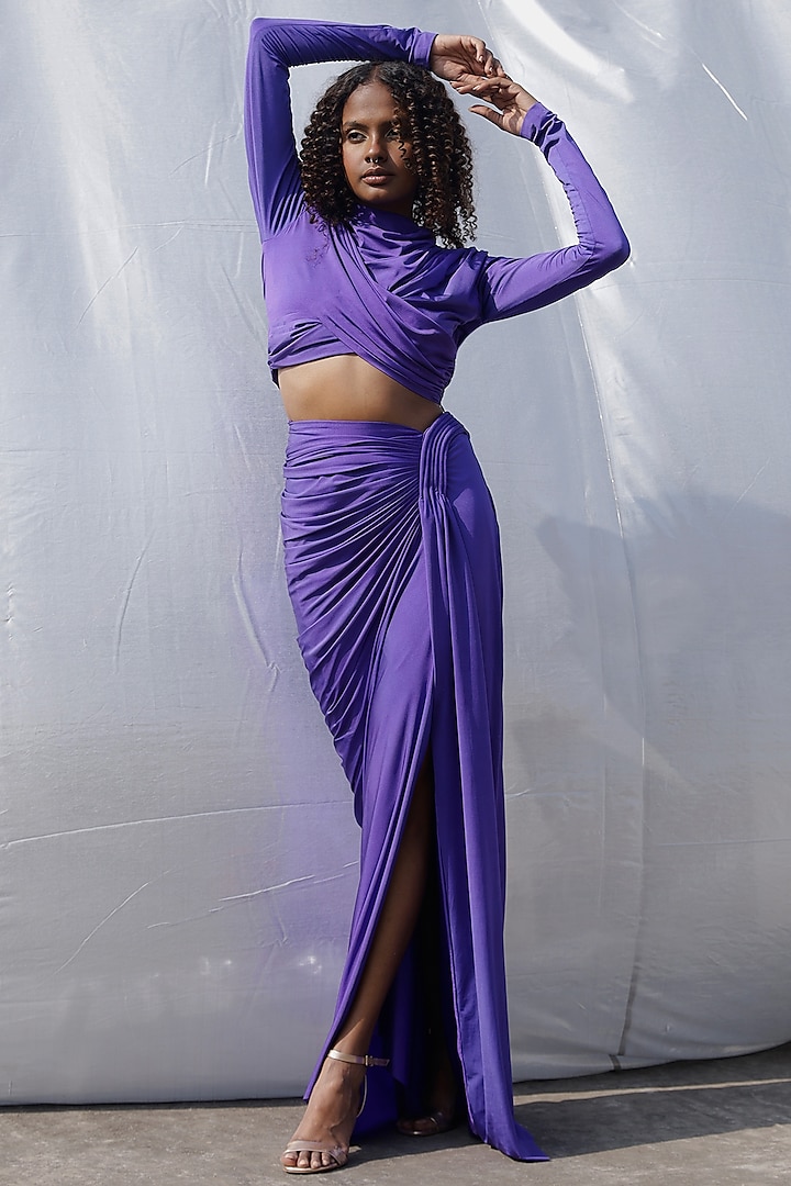 Purple Jersey Gathered Draped Skirt Set by Zwaan