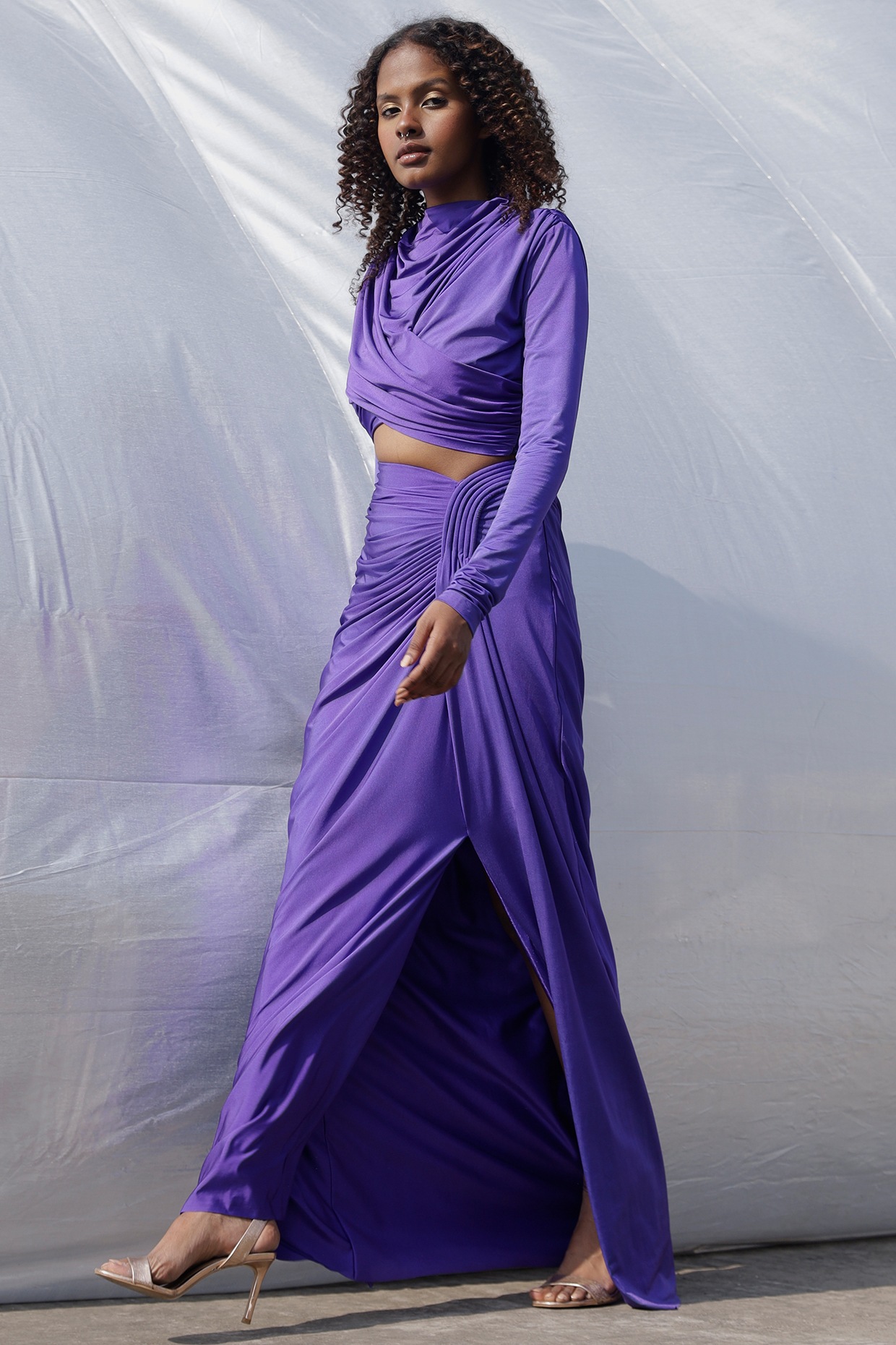 Purple Jersey Gathered Draped Skirt Set Design by Zwaan at