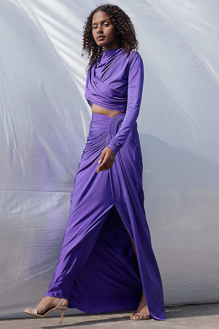 Purple Jersey Gathered Draped Skirt Set by Zwaan at Pernia's Pop Up Shop