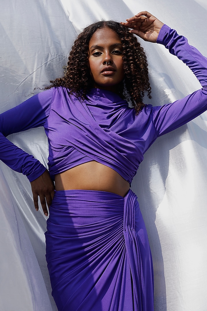 Purple Jersey Gathered Draped Skirt Set by Zwaan at Pernia's Pop Up Shop