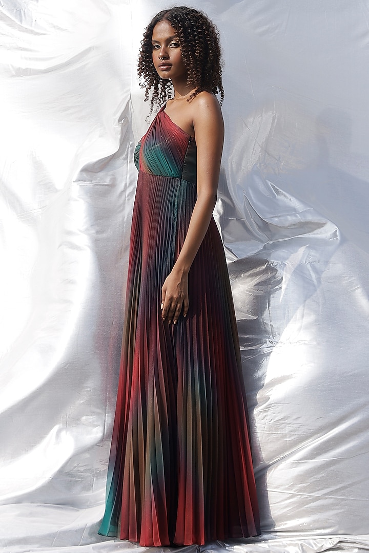 Multi-Colored Poly Chiffon Printed Pleated Vacation Dress by Zwaan at Pernia's Pop Up Shop