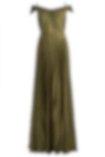 Olive Green Pleated Draped Gown by Zwaan