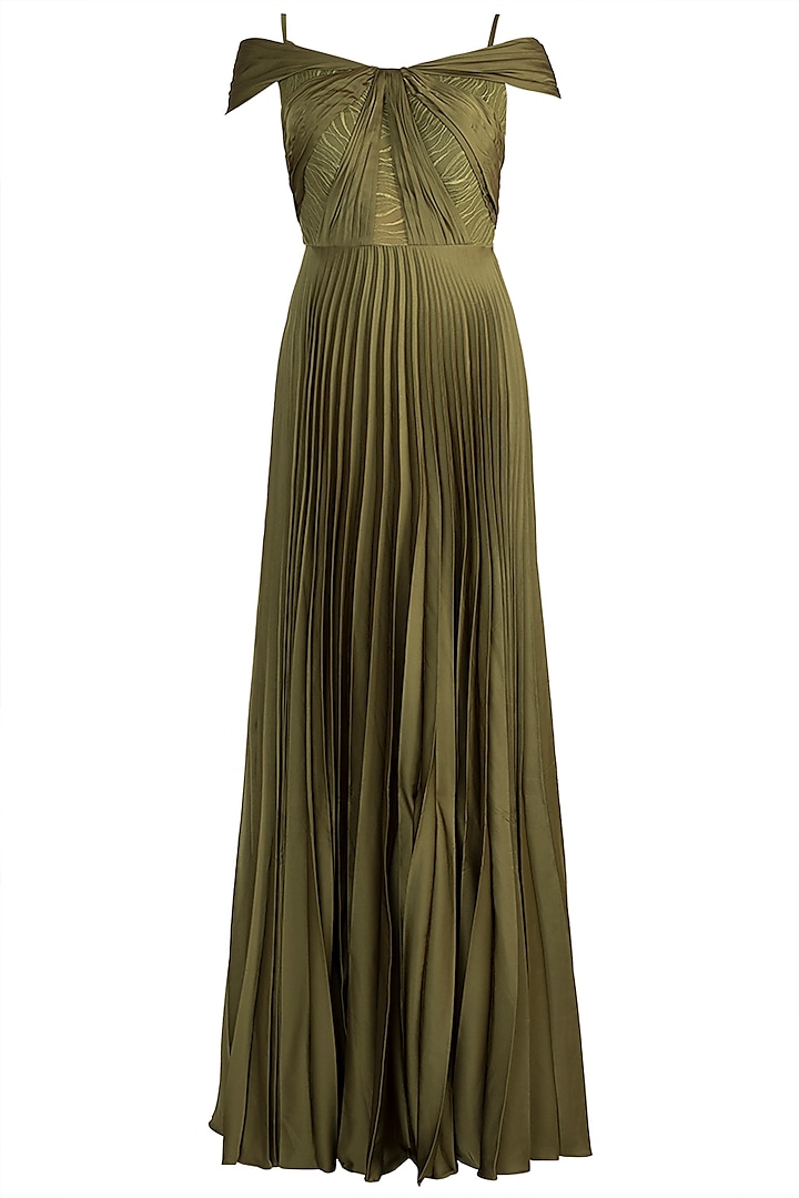 Olive Green Pleated Draped Gown by Zwaan