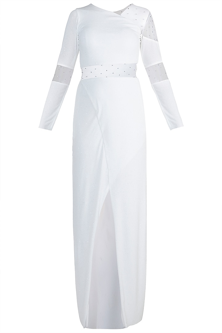White Embellished Sheath Gown with Sheer Waist by Zwaan