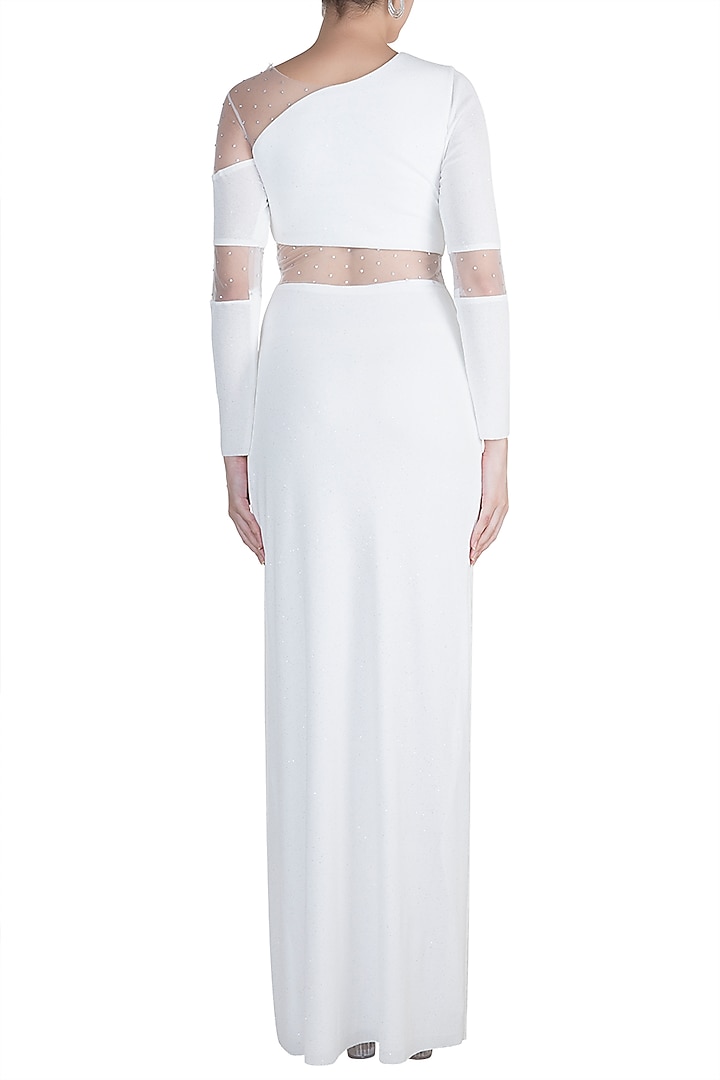 White Embellished Sheath Gown with Sheer Waist by Zwaan at Pernia's Pop Up Shop