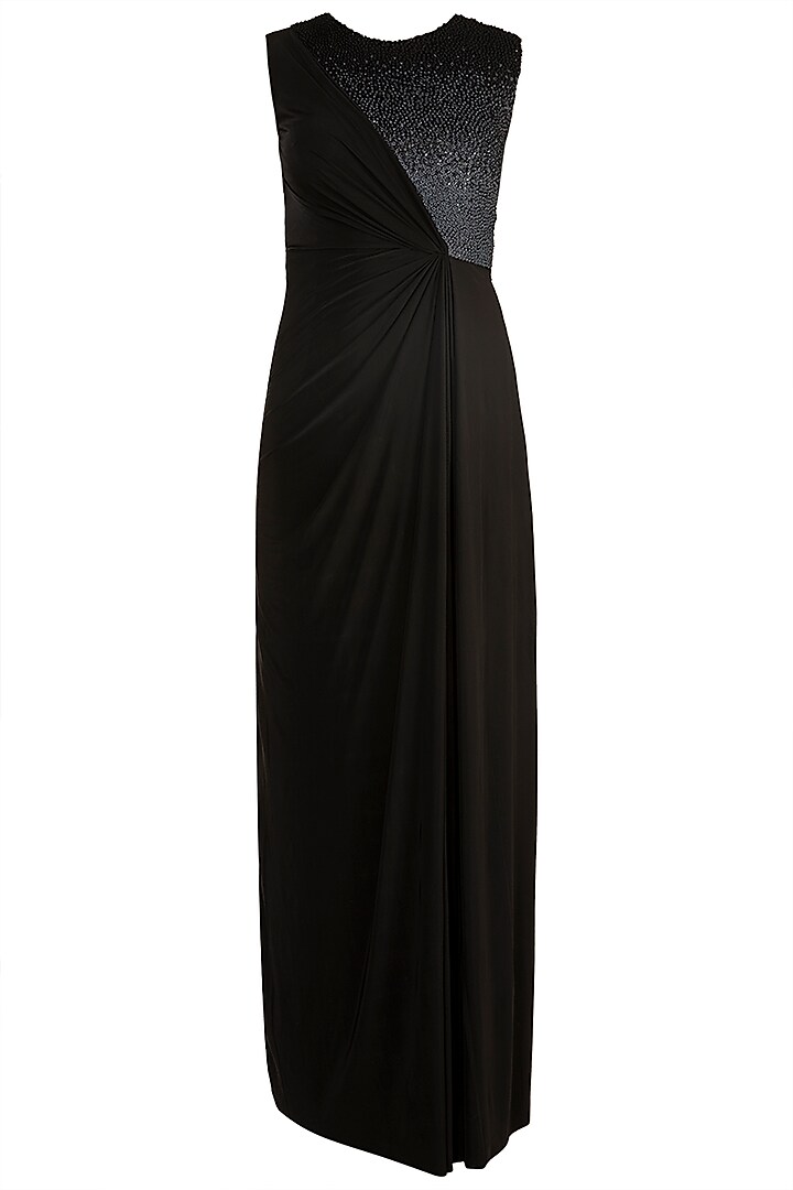Black Draped Gown With Ombre Embellishment by Zwaan
