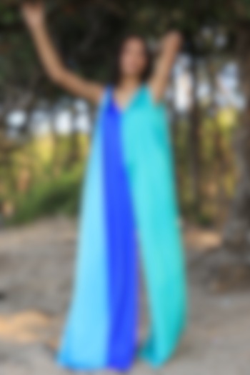 Blue & Green Satin Printed Jumpsuit by Zwaan at Pernia's Pop Up Shop