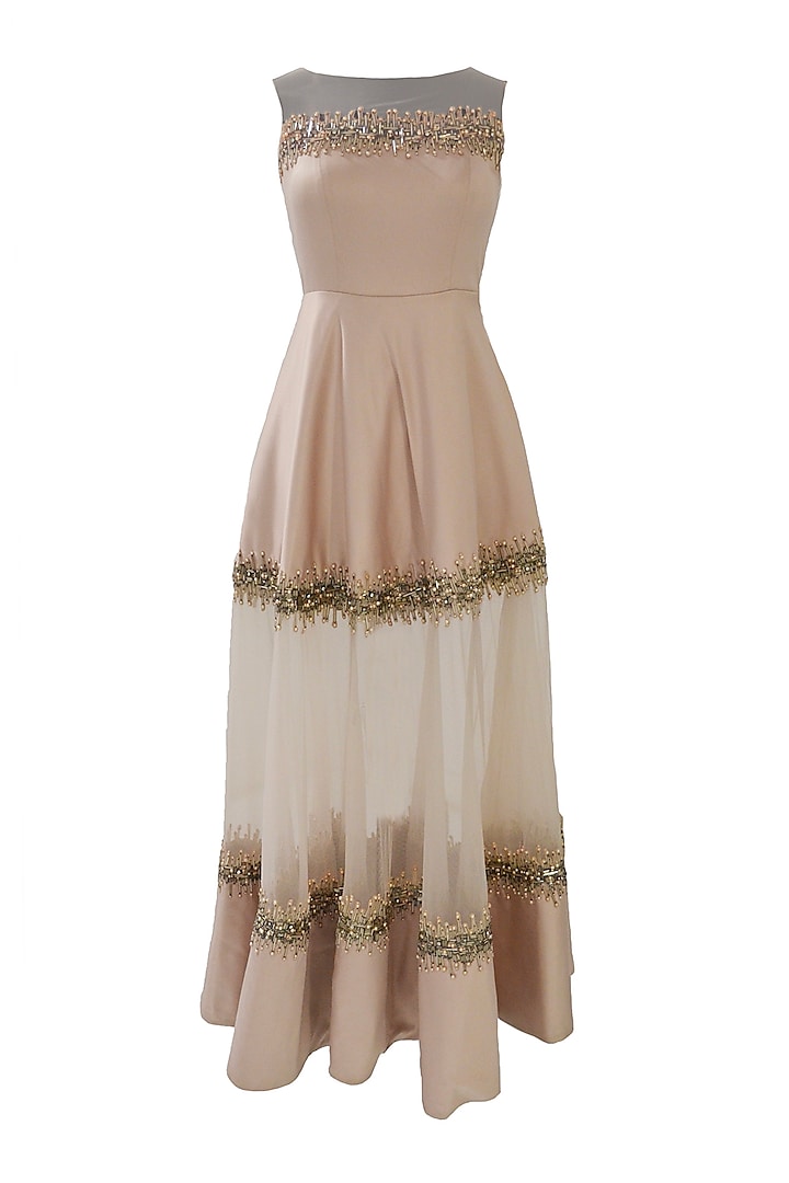 Peach Satin Embellished Gown by Zwaan