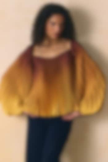 Brown & Yellow Armani Satin Pleated Top by Zwaan at Pernia's Pop Up Shop