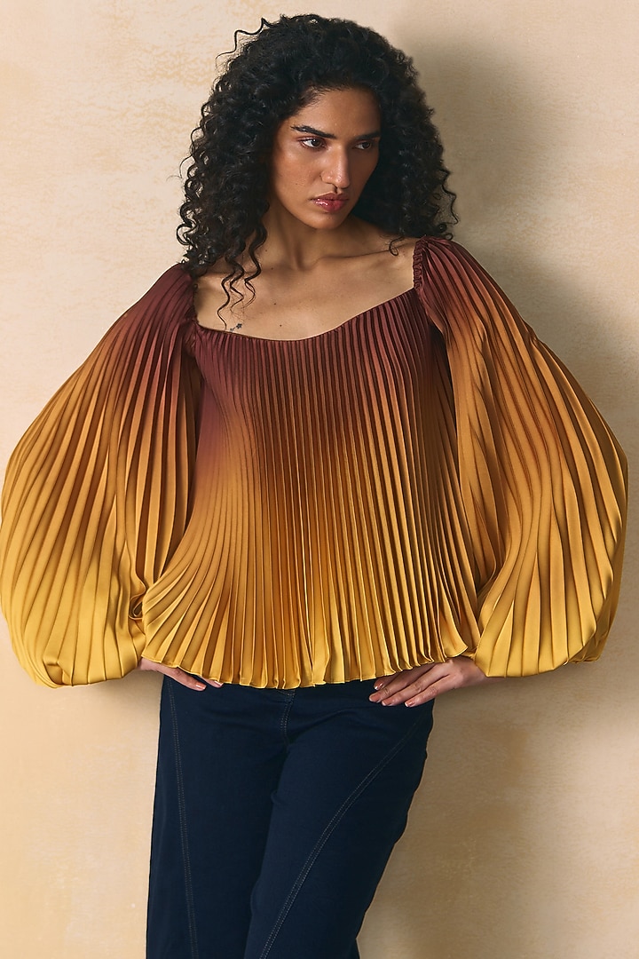 Brown & Yellow Armani Satin Pleated Top by Zwaan at Pernia's Pop Up Shop