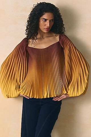Brown & Yellow Armani Satin Pleated Top by Zwaan