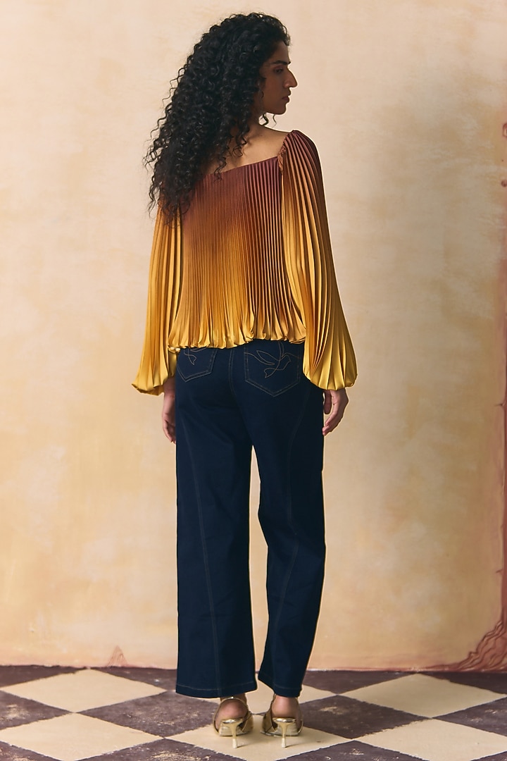 Brown & Yellow Armani Satin Pleated Top by Zwaan at Pernia's Pop Up Shop