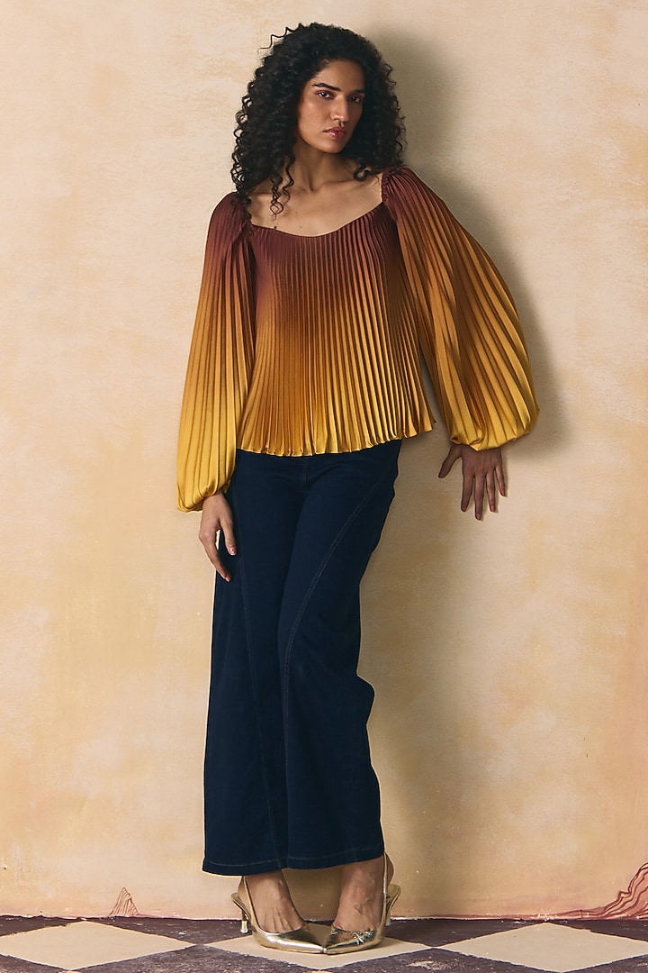 Brown & Yellow Armani Satin Pleated Top by Zwaan at Pernia's Pop Up Shop