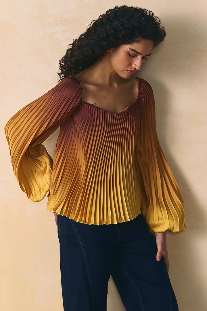 Brown & Yellow Armani Satin Pleated Top by Zwaan at Pernia's Pop Up Shop