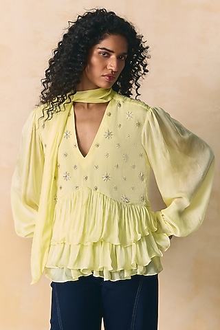 Yellow Tabby Silk Embellished Top by Zwaan