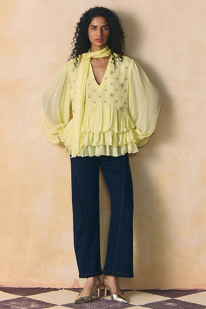 Yellow Tabby Silk Embellished Top by Zwaan at Pernia's Pop Up Shop