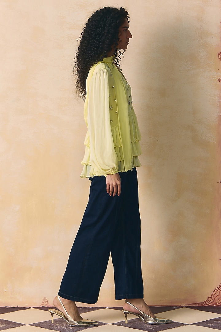 Yellow Tabby Silk Embellished Top by Zwaan at Pernia's Pop Up Shop
