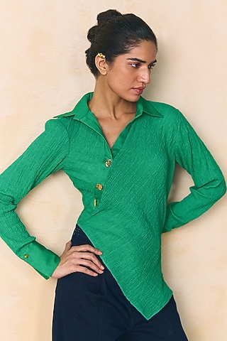 Green Elasticated Cotton Asymmetric Top by Zwaan